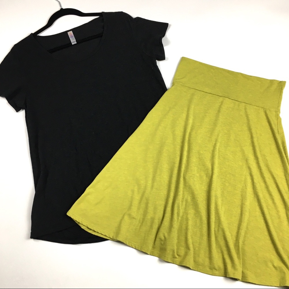 LuLaRoe Classic T Gray Mustard Azure Skirt Outfit